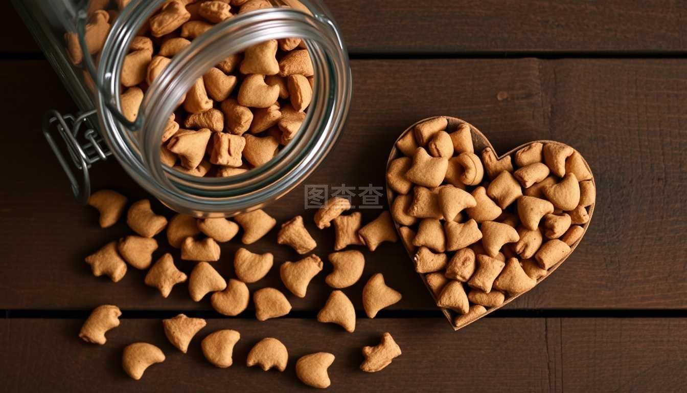 宠物食品。心脏形状的动物食品。